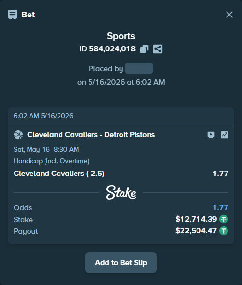 Bet slip: Cleveland Cavaliers - Detroit Pistons, $12,714.39 stake at 1.77 odds, placed by HighNetWorth