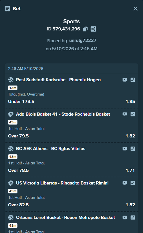 Bet slip: Cleveland Cavaliers - Detroit Pistons, $14,902.00 stake at 1.37 odds, placed by unruly72227