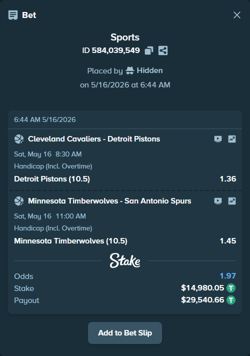Bet slip: Cleveland Cavaliers - Detroit Pistons, $14,995.03 stake at 1.36 odds, placed by Hidden