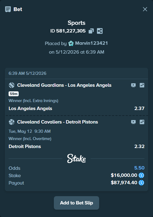 Bet slip: Cleveland Cavaliers - Detroit Pistons, $16,000.00 stake at 2.32 odds, placed by Marvin123421
