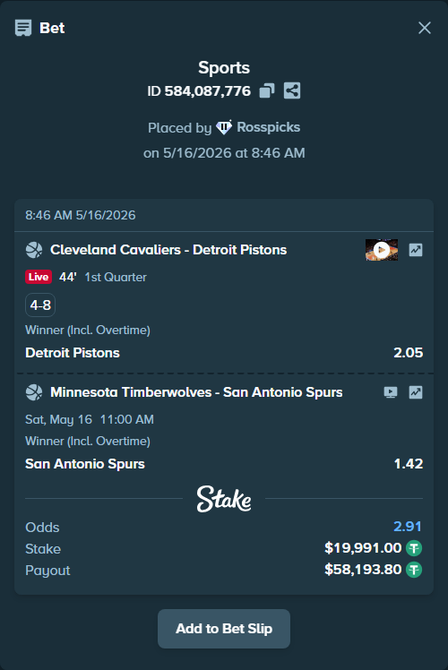 Bet slip: Cleveland Cavaliers - Detroit Pistons, $20,010.99 stake at 2.05 odds, placed by Rosspicks