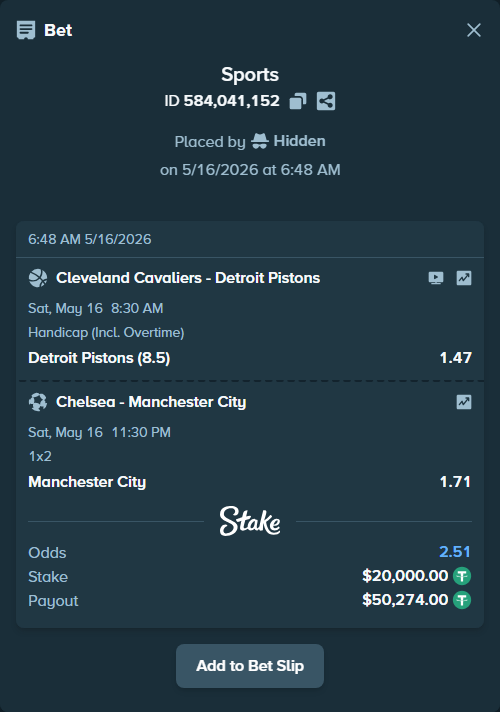 Bet slip: Cleveland Cavaliers - Detroit Pistons, $20,020.00 stake at 1.47 odds, placed by Hidden