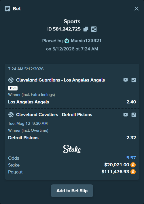 Bet slip: Cleveland Cavaliers - Detroit Pistons, $15,729.48 stake at 2.32 odds, placed by Marvin123421
