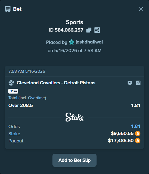 Bet slip: Cleveland Cavaliers - Detroit Pistons, $7,860.78 stake at 1.81 odds, placed by jashdhaliwal