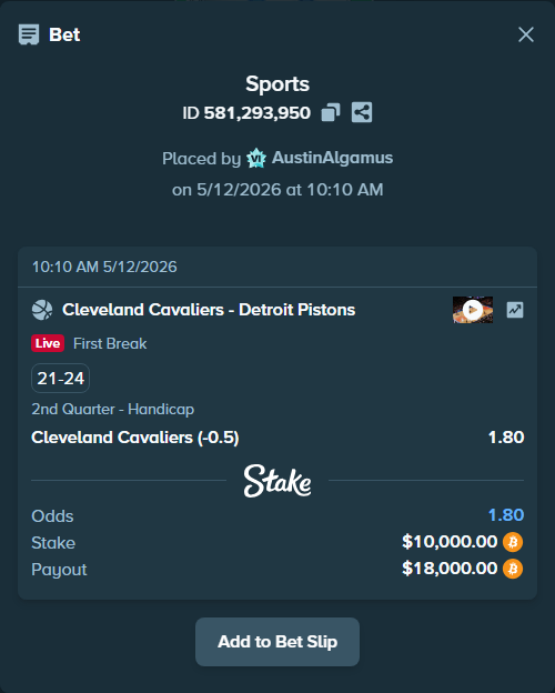 Bet slip: Cleveland Cavaliers - Detroit Pistons, $7,869.33 stake at 1.80 odds, placed by AustinAlgamus