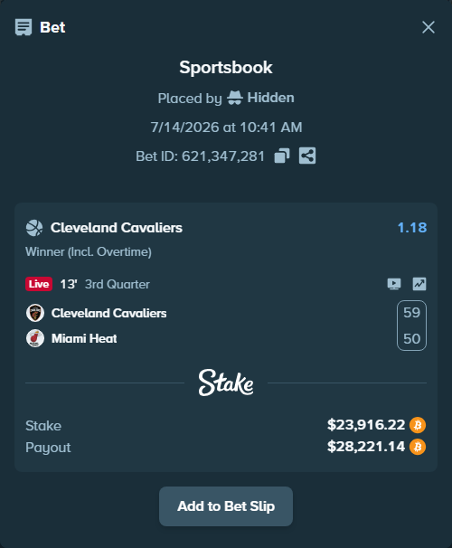 Bet slip: Cleveland Cavaliers - Miami Heat, $24,675.73 stake at 1.18 odds, placed by Hidden