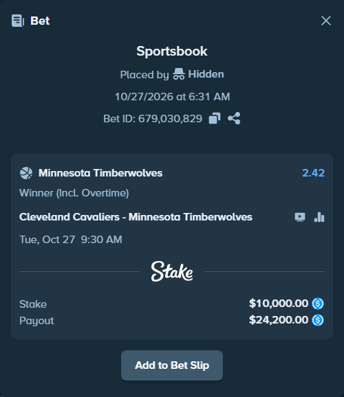 Bet slip: Cleveland Cavaliers - Minnesota Timberwolves, $10,000.00 stake at 2.42 odds, placed by Hidden