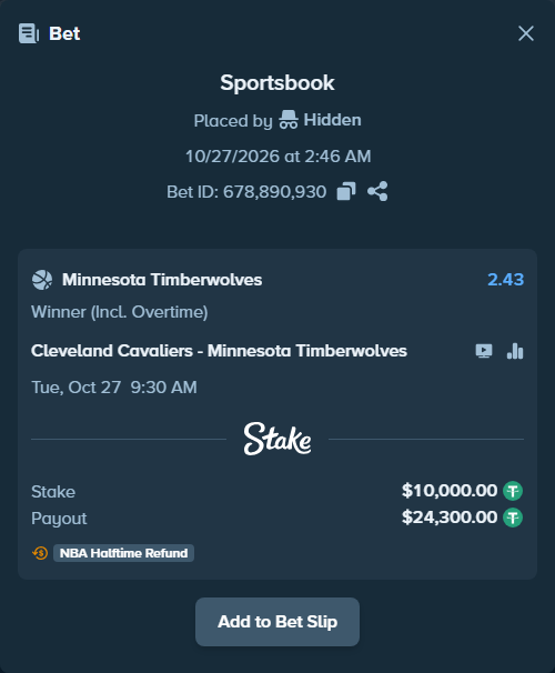 Bet slip: Cleveland Cavaliers - Minnesota Timberwolves, $10,010.00 stake at 2.43 odds, placed by Hidden