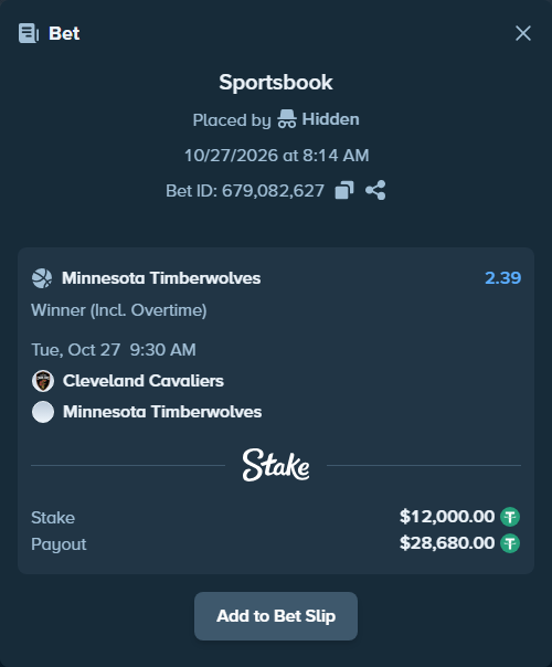 Bet slip: Cleveland Cavaliers - Minnesota Timberwolves, $12,012.00 stake at 2.39 odds, placed by erlendw00