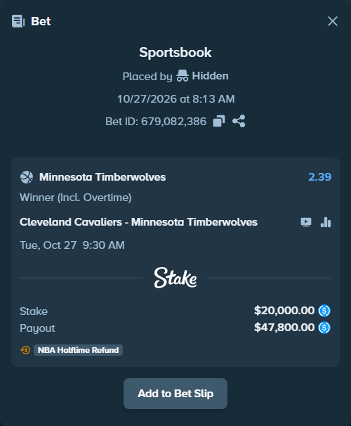 Bet slip: Cleveland Cavaliers - Minnesota Timberwolves, $20,000.00 stake at 2.39 odds, placed by Neberay