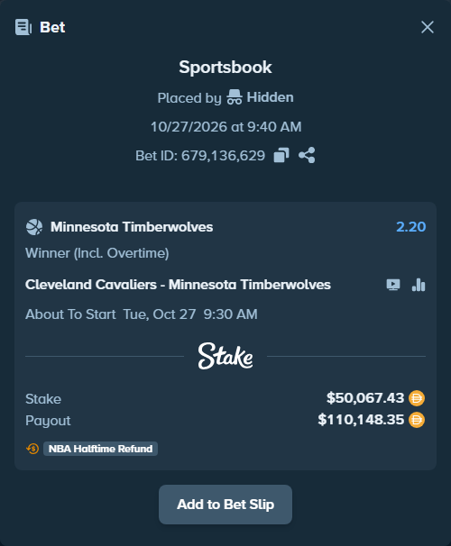 Bet slip: Cleveland Cavaliers - Minnesota Timberwolves, $50,067.43 stake at 2.20 odds, placed by Hidden