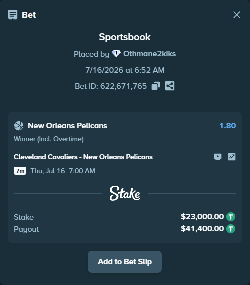 Bet slip: Cleveland Cavaliers - New Orleans Pelicans, $23,000.00 stake at 1.80 odds, placed by Othmane2kiks