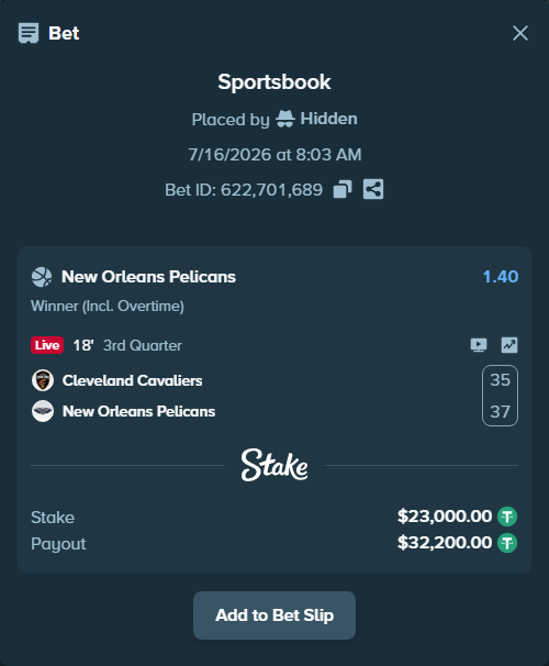 Bet slip: Cleveland Cavaliers - New Orleans Pelicans, $23,000.00 stake at 1.40 odds, placed by Hidden