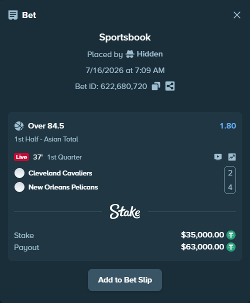 Bet slip: Cleveland Cavaliers - New Orleans Pelicans, $35,000.00 stake at 1.80 odds, placed by Hidden