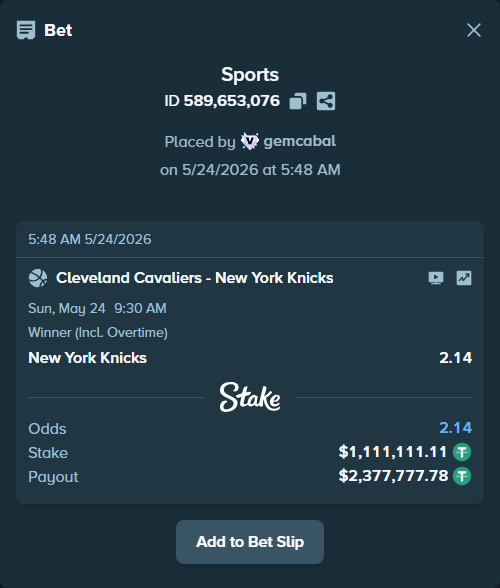 Bet slip: Cleveland Cavaliers - New York Knicks, $1,111,111.11 stake at 2.14 odds, placed by gemcabal