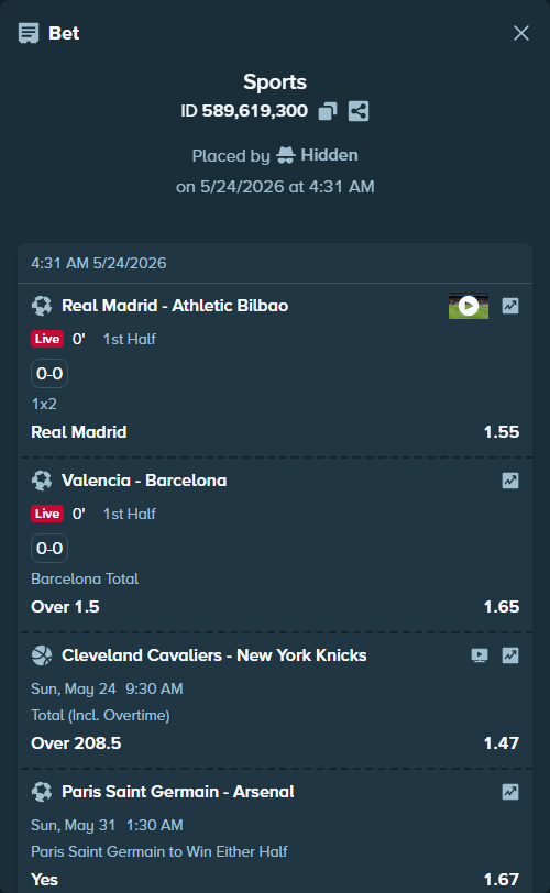 Bet slip: Cleveland Cavaliers - New York Knicks, $10,000.00 stake at 1.47 odds, placed by Hidden