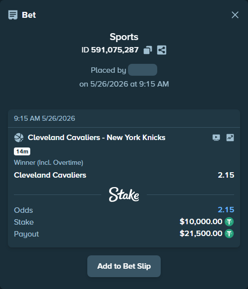 Bet slip: Cleveland Cavaliers - New York Knicks, $10,000.00 stake at 2.15 odds, placed by Thanoscape
