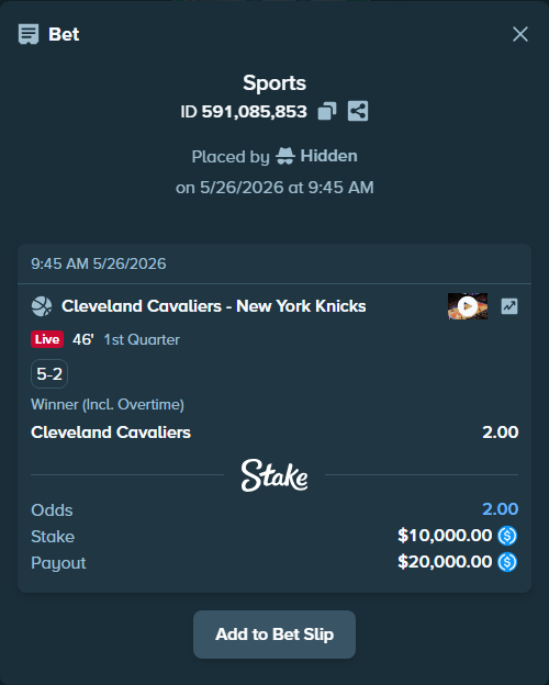 Bet slip: Cleveland Cavaliers - New York Knicks, $10,000.00 stake at 2.00 odds, placed by Hidden