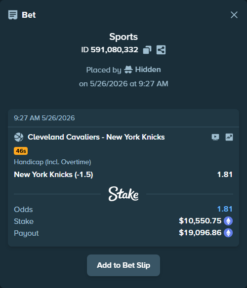 Bet slip: Cleveland Cavaliers - New York Knicks, $8,671.60 stake at 1.81 odds, placed by Hidden