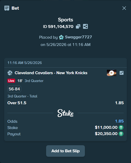 Bet slip: Cleveland Cavaliers - New York Knicks, $11,000.00 stake at 1.85 odds, placed by Swagger7727
