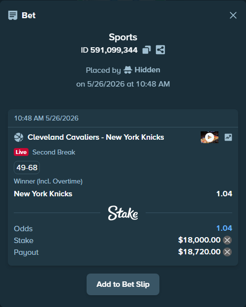 Bet slip: Cleveland Cavaliers - New York Knicks, $15,460.83 stake at 1.04 odds, placed by Hidden