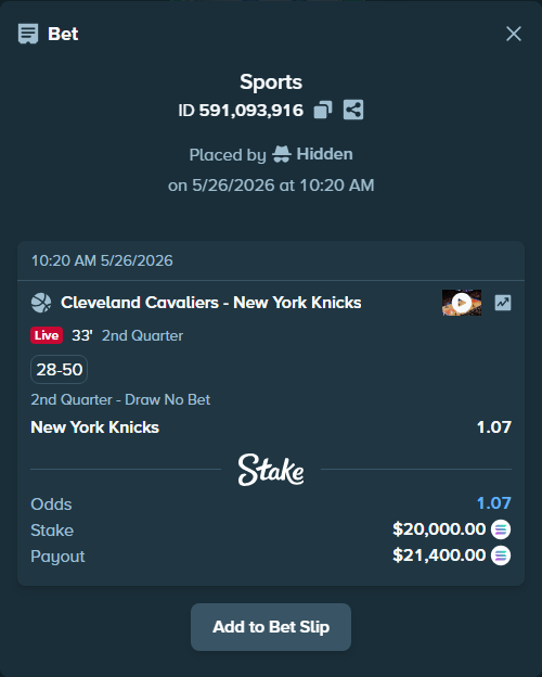 Bet slip: Cleveland Cavaliers - New York Knicks, $17,339.44 stake at 1.07 odds, placed by Hidden