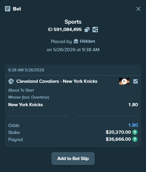 Bet slip: Cleveland Cavaliers - New York Knicks, $20,370.00 stake at 1.80 odds, placed by NicoleCoal