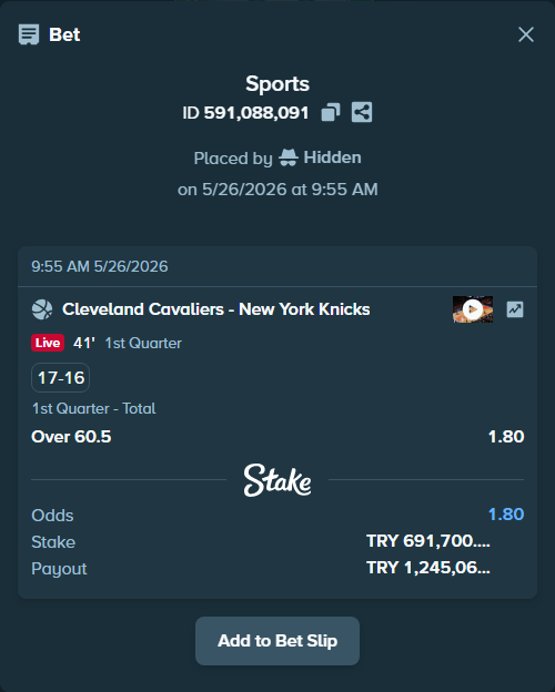 Bet slip: Cleveland Cavaliers - New York Knicks, $20,751.00 stake at 1.80 odds, placed by Hidden