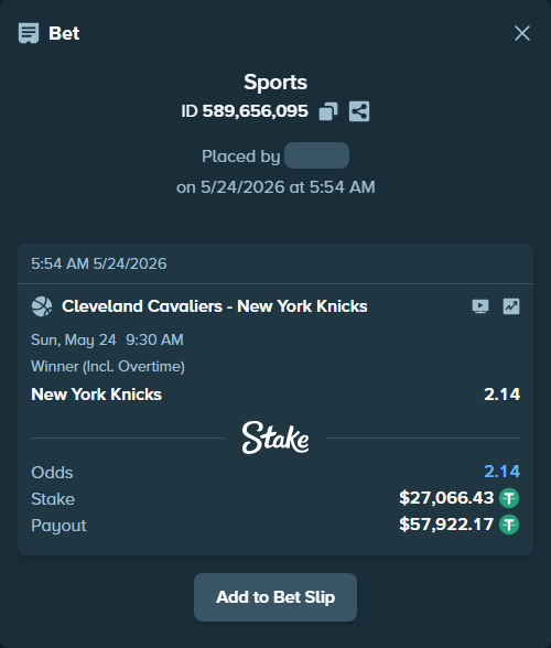 Bet slip: Cleveland Cavaliers - New York Knicks, $27,093.50 stake at 2.14 odds, placed by YasutakaNakano