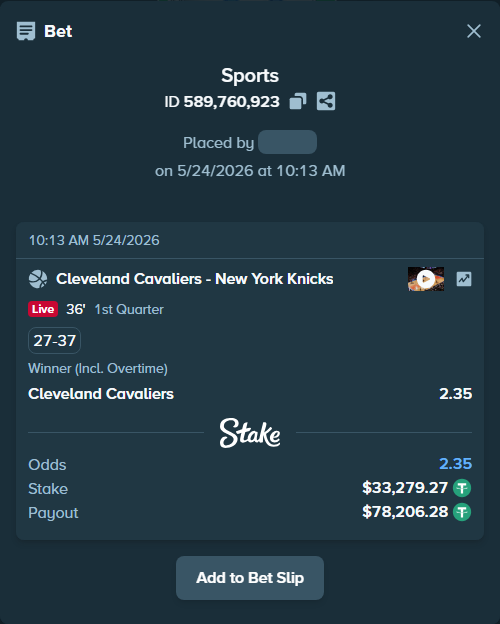 Bet slip: Cleveland Cavaliers - New York Knicks, $33,279.27 stake at 2.35 odds, placed by MountainYu