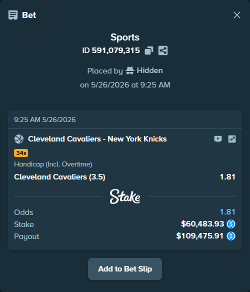 Bet slip: Cleveland Cavaliers - New York Knicks, $60,483.93 stake at 1.81 odds, placed by Hidden