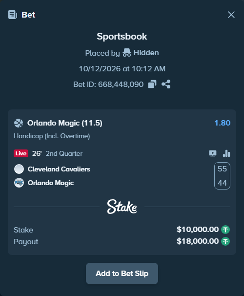 Bet slip: Cleveland Cavaliers - Orlando Magic, $10,010.00 stake at 1.80 odds, placed by Hidden
