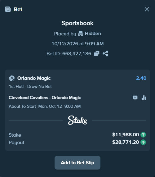 Bet slip: Cleveland Cavaliers - Orlando Magic, $11,999.99 stake at 2.40 odds, placed by Hidden