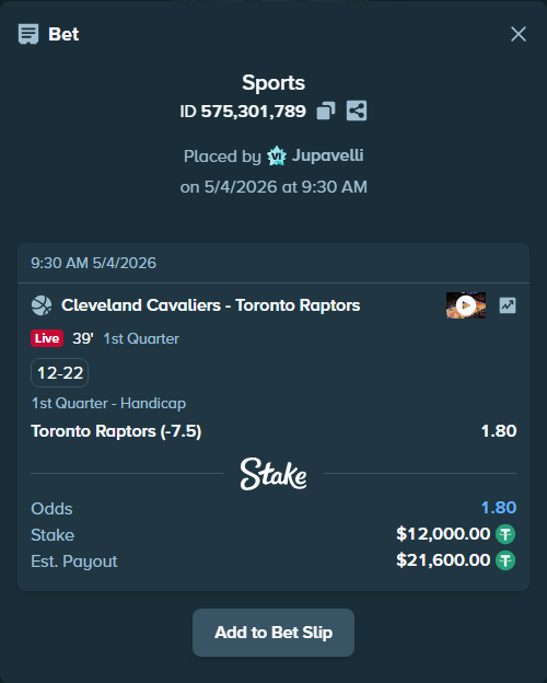 Bet slip: Cleveland Cavaliers - Toronto Raptors, $12,000.00 stake at 1.80 odds, placed by Jupavelli