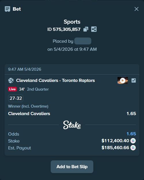 Bet slip: Cleveland Cavaliers - Toronto Raptors, $98,585.67 stake at 1.65 odds, placed by Prettylfacko98