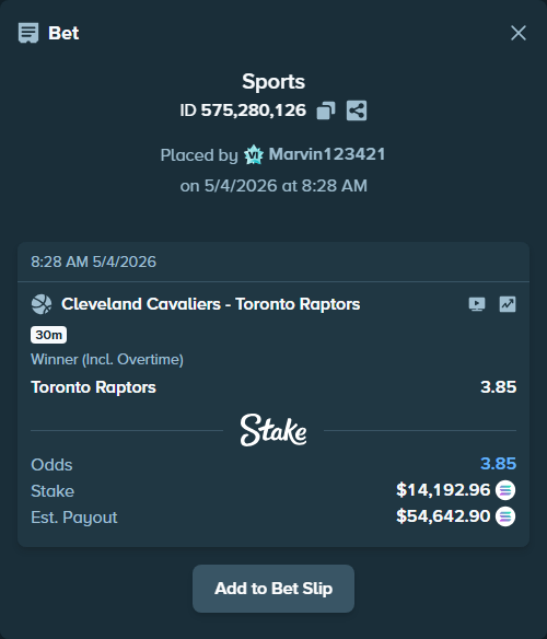 Bet slip: Cleveland Cavaliers - Toronto Raptors, $12,323.34 stake at 3.85 odds, placed by Marvin123421