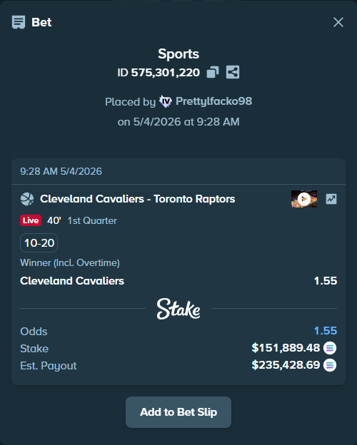 Bet slip: Cleveland Cavaliers - Toronto Raptors, $132,886.28 stake at 1.55 odds, placed by Prettylfacko98