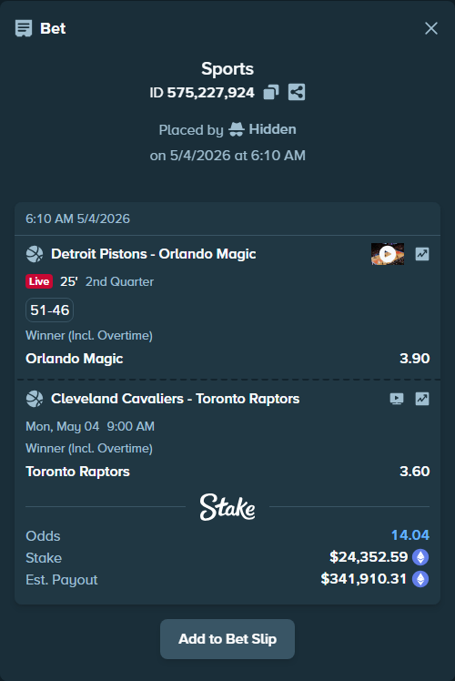 Bet slip: Cleveland Cavaliers - Toronto Raptors, $18,098.81 stake at 3.60 odds, placed by Hidden
