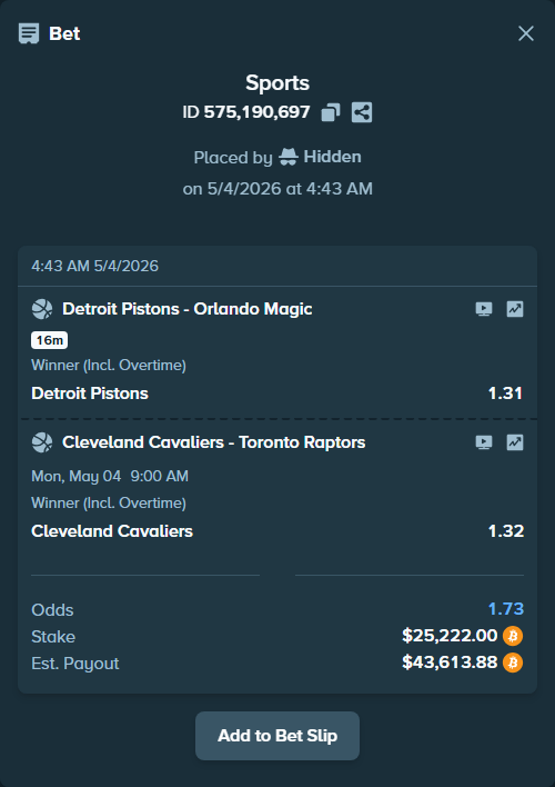 Bet slip: Cleveland Cavaliers - Toronto Raptors, $20,590.77 stake at 1.32 odds, placed by Bigfoltz