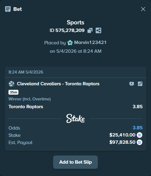 Bet slip: Cleveland Cavaliers - Toronto Raptors, $22,062.77 stake at 3.85 odds, placed by Marvin123421