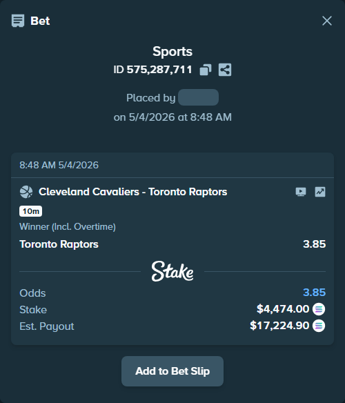 Bet slip: Cleveland Cavaliers - Toronto Raptors, $3,884.65 stake at 3.85 odds, placed by Marvin123421