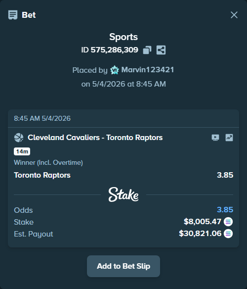 Bet slip: Cleveland Cavaliers - Toronto Raptors, $6,950.92 stake at 3.85 odds, placed by Marvin123421