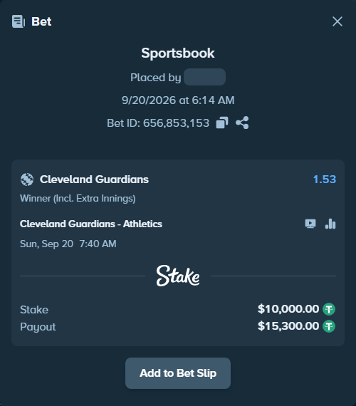 Bet slip: Cleveland Guardians - Athletics, $10,000.00 stake at 1.53 odds, placed by nandonzr