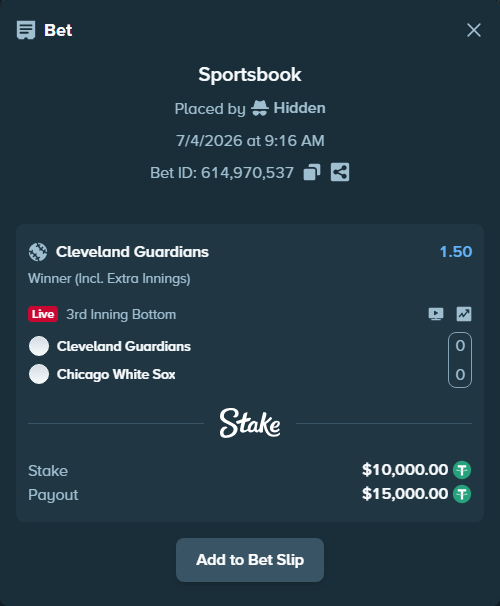 Bet slip: Cleveland Guardians - Chicago White Sox, $10,010.00 stake at 1.50 odds, placed by Hidden