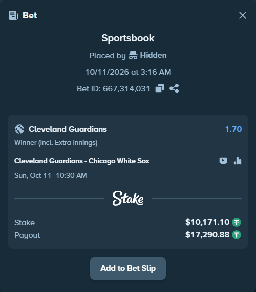 Bet slip: Cleveland Guardians - Chicago White Sox, $10,181.27 stake at 1.70 odds, placed by Hidden
