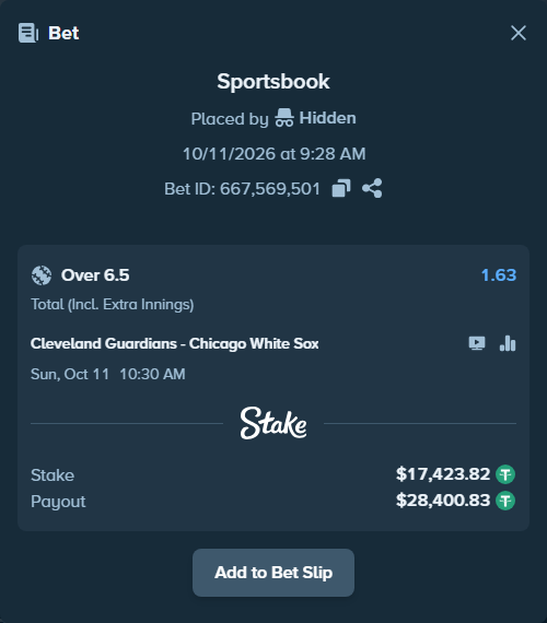 Bet slip: Cleveland Guardians - Chicago White Sox, $17,441.25 stake at 1.63 odds, placed by luckysevenfr