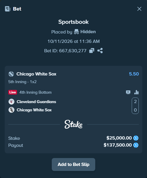 Bet slip: Cleveland Guardians - Chicago White Sox, $25,000.00 stake at 5.50 odds, placed by Hidden