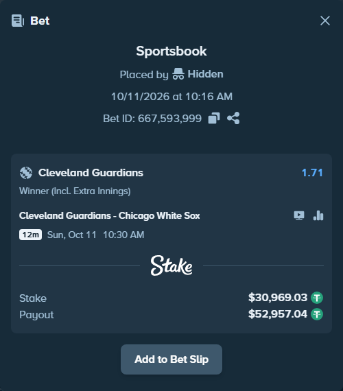 Bet slip: Cleveland Guardians - Chicago White Sox, $31,000.00 stake at 1.71 odds, placed by oscardv1981