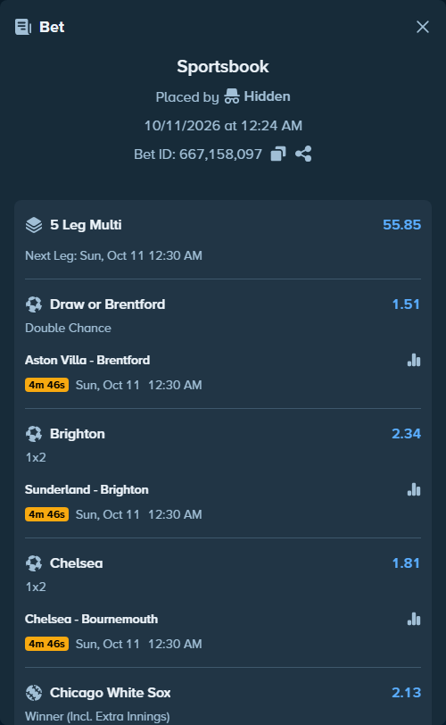 Bet slip: Cleveland Guardians - Chicago White Sox, $50,000.00 stake at 2.13 odds, placed by Hidden