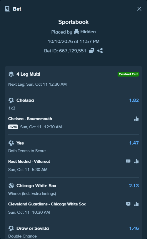 Bet slip: Cleveland Guardians - Chicago White Sox, $61,144.37 stake at 2.13 odds, placed by Hidden